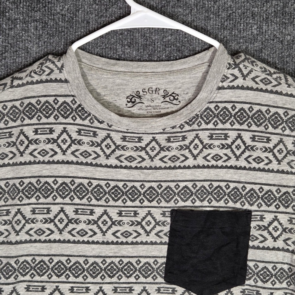 SGR Mens Small T-Shirt Grey Black Tribal Geometric Pattern Pocket Tee Cotton